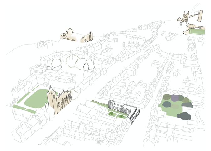 the concept sketch shows the green space, ruins and important buildings which were crucial in my decision making process