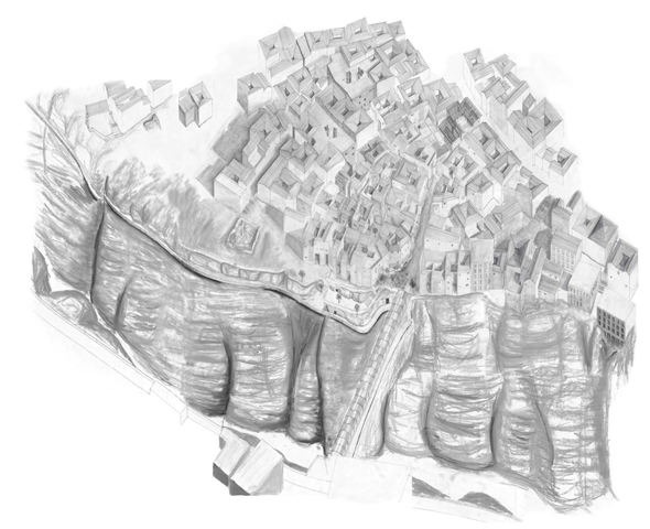 Masterplan of proposal - Axonometric of Souika, Constantine, Algeria (1.7m x 2m) Pencil, Chalk