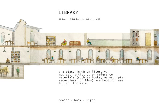 Library Proposal - Expository Sectional Drawing - fineliner & watercolour (1:35)