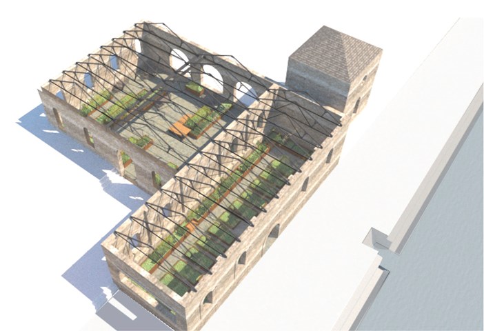 Axonometric view of the repurposed pump house - accommodating an open courtyard and a community garden.