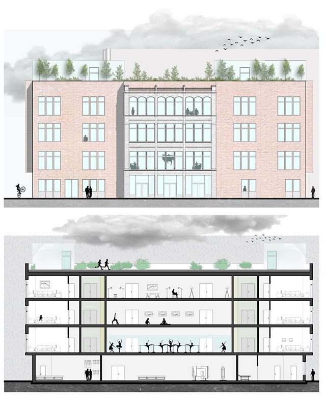 FRONT ELEVATION AND SECTION A- URBAN HOUSING