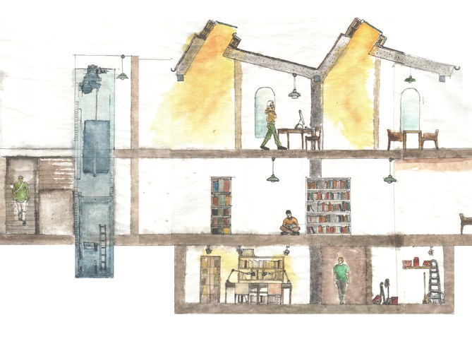 Library Proposal - Expository Sectional Drawing - fineliner & watercolour (1:35)