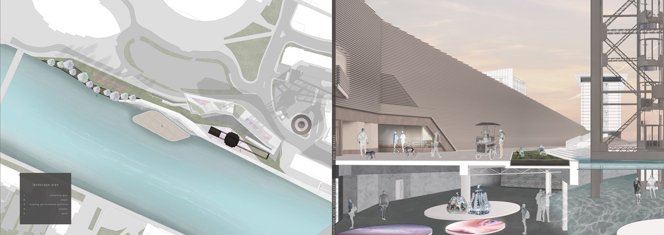 Landscape Plan & sectional perspective of external plaza 