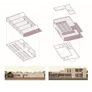 Isometric drawing of greenhouse typology and workshop typology. Underneath each, render representation of façade and materiality